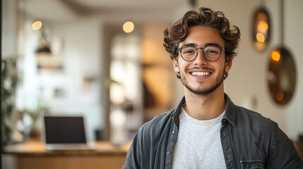 Fototapeta premium Young entrepreneur in a stylish outfit raising his fists in excitement in a modern office. His open laptop shows a successful project, with a bright background.