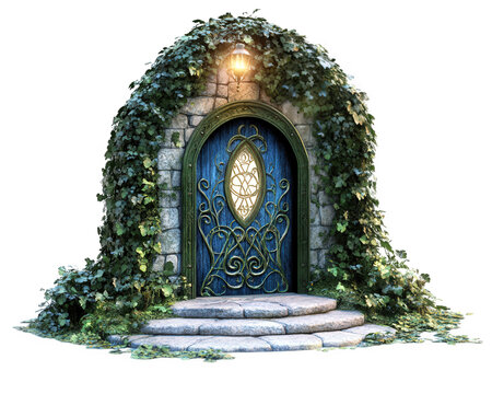 fantasy style glowing elven entrance surrounded by lush greenery, featuring beautifully designed door with intricate patterns and warm light illuminating scene