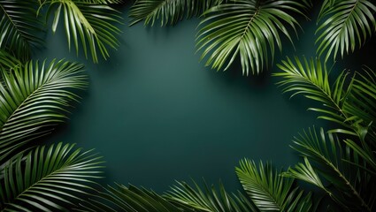 Obraz premium Lush Tropical Palm Leaves Framing Dark Green Background Ideal for Nature Themes and Text Overlay in Advertisements or Designs