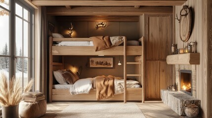 Rustic cabin-style bedroom with a sturdy wooden bunk bed and a fireplace nearby.