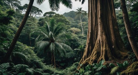 Naklejka premium Lush Tropical Rainforest Featuring Majestic Tree and Abundant Foliage with Ample Space for Text Overlay