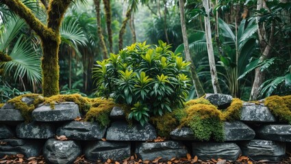 Fototapeta premium Lush tropical plant surrounded by moss and stones creating a serene jungle environment ideal for nature-themed designs and backgrounds.