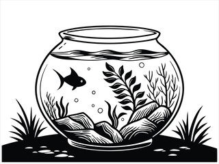 Monochrome vector art of a fishbowl with a fish swimming among plants and rocks. The intricate details make it ideal for use in nature, pet care, or aquatic life-related stock images