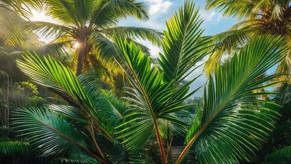 Fototapeta premium Vibrant Tropical Palm Leaves Under Sunshine with Lush Greenery in a Serene Paradise Setting