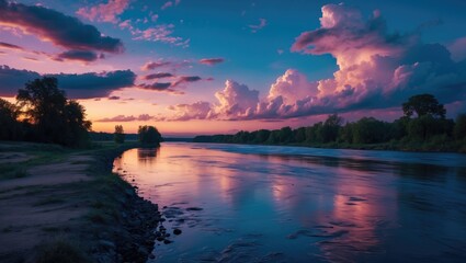 Tranquil twilight river landscape with colorful clouds reflecting on water, perfect for outdoor recreation and nature-themed projects.