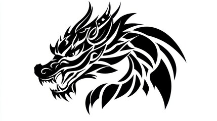 Dragon head silhouette, black and white tribal style animal illustration, vector graphic dragon.