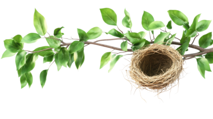 empty bird nest on a tree isolated on white background