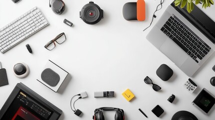 Flat lay of modern tech gadgets and accessories arranged on a clean desk with workspace elements