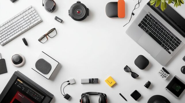 Flat lay of modern tech gadgets and accessories arranged on a clean desk with workspace elements