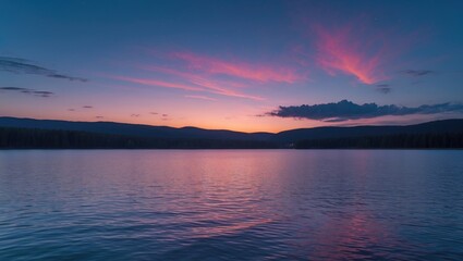 Fototapeta premium Serene Twilight Reflections Over a Tranquil Lake With Colorful Sky and Ample Space for Text Inclusion