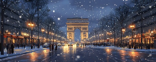Obraz premium A quiet winter evening on the Champs-Élysées, with snow gently falling and the streetlights casting a warm glow on the pavement, while the Arc de Triomphe looms in the background
