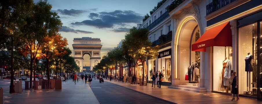 A luxury shopping scene on the Champs-&Eacute;lys&eacute;es, with elegant storefronts showcasing designer brands and shoppers strolling along the iconic avenue