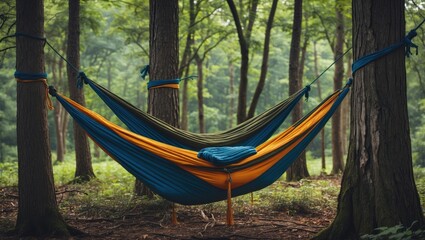 Two Colorful Hammocks Tied Between Trees in a Tranquil Forest Setting Ideal for Relaxation and Outdoor Activities