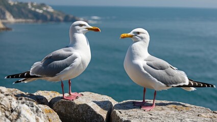 Two Seagulls Sitting on Coastal Rocks Overlooking the Ocean with Clear Blue Sky and Space for Text Overlay