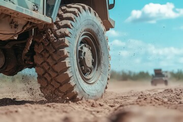 Muddy Off Road Tire on Dirt Road Under Sunny Sky