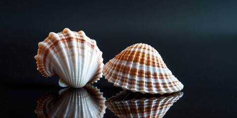 Obraz premium Two seashells elegantly displayed on a reflective surface showcasing natural beauty with soft lighting and ample copy space for text.