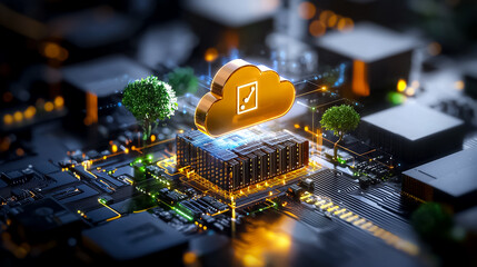 Golden Cloud Computing Icon on Glowing Circuit Board with Green Trees