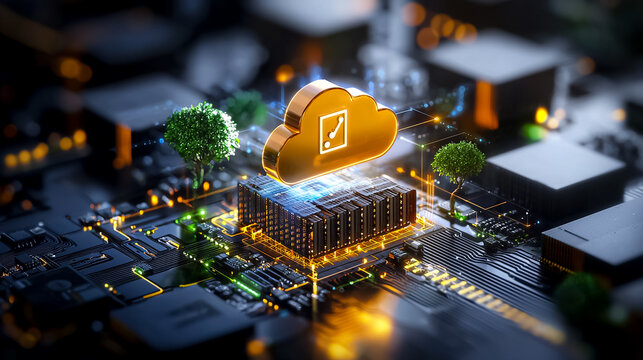 Golden Cloud Computing Icon on Glowing Circuit Board with Green Trees - Powered by Adobe