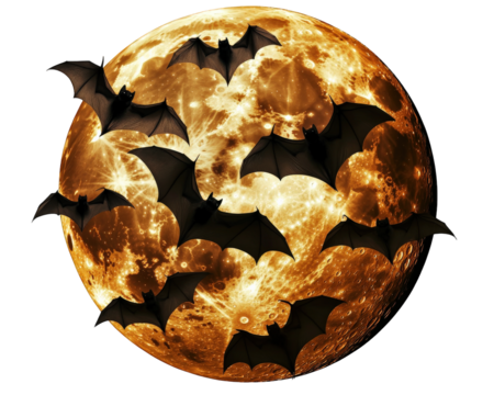 group of tiny bats flying around full moon creates eerie atmosphere, perfect for spooky night. glowing moon enhances mysterious vibe of scene
