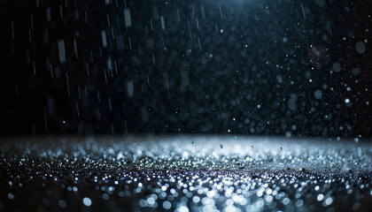 Raindrops falling on a shimmering surface with a dark background for blogs, websites, nature-themed designs, weather-related presentations, and creative projects