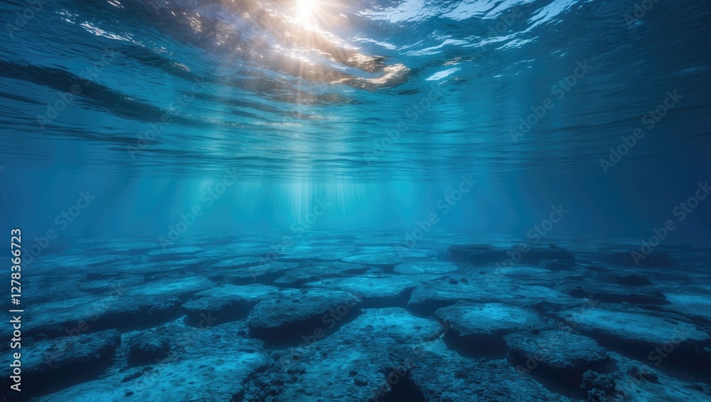 Poster underwater scene in blue sea with sunlight rays and abstract patterns featuring empty space for text