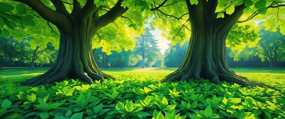 Serene Park Landscape with Majestic Trees and Lush Green Foliage in Bright Sunlight
