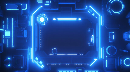 Futuristic blue frames with neon glowing tech elements on black backdrop. Various geometric shapes - circular, rectangular, hexagonal game borders. Realistic sci fi hud interface design overlay.