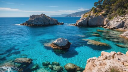 Fototapeta premium Serene Coastal Landscape with Crystal Clear Blue Waters and Rocky Outcrops Under Bright Sunny Sky