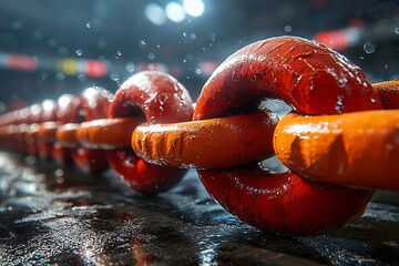 Red chain links, wet ground, dark background, strength