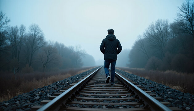 Solitary man walking on foggy railway tracks surrounded by trees for blogs, websites, mental health awareness, personal reflection, and inspirational content - Powered by Adobe