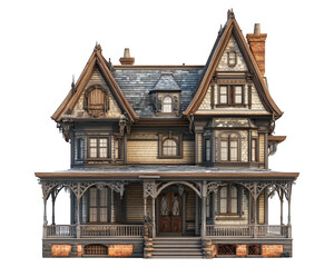 Haunted house with intricate architecture, featuring gables, porch, and detailed woodwork. This eerie structure evokes sense of mystery and nostalgia