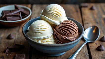 Vanilla and chocolate ice cream scoops in a bowl on a wooden table with chocolate pieces and empty space for text design or advertising.