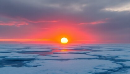 Fototapeta premium Un gran sol amarillo sobre el océano con un cielo rojo y nubes, el sol reflejándose en el agua, paleta de colores naranja