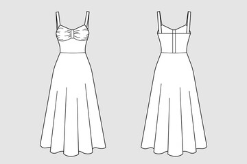 Female dress vector template isolated on a grey background. Front and back view. Outline fashion technical sketch of clothes model