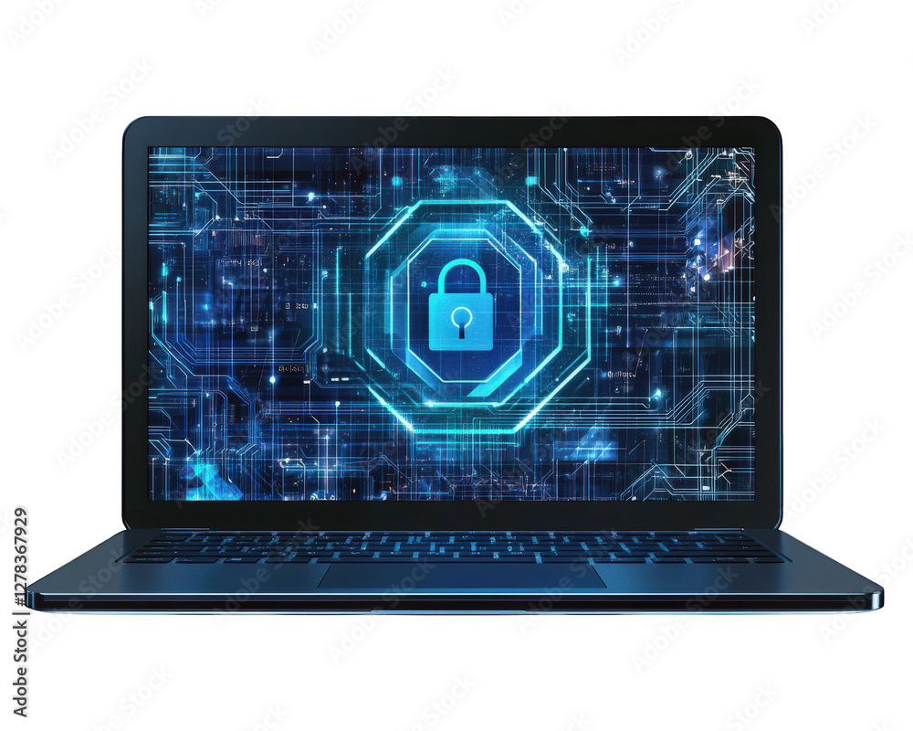 Fototapete laptop displaying digital lock symbol, representing cyber security and encryption technology. backgr