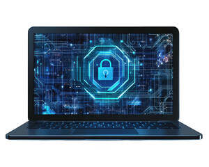 laptop displaying digital lock symbol, representing cyber security and encryption technology. background features circuit board design, emphasizing data protection and secure information
