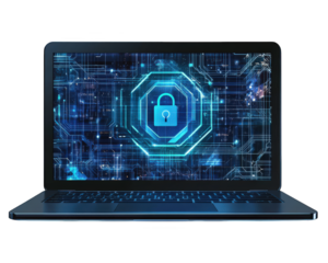 laptop displaying digital lock symbol, representing cyber security and encryption technology. background features circuit board design, emphasizing data protection and secure information