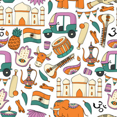 India seamless pattern with hand drawn cartoon elements, doodles for wallpaper, textile prints, scrapbooking, stationery, backgrounds, digital paper, etc. EPS 10