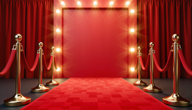Red carpet entrance with golden stanchions and bright lights for event promotions, social media content, award shows, party invitations, and glamorous presentations