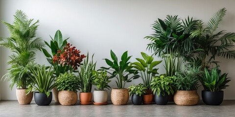 Lush Indoor Plants Arrangement with Decorative Pots and Copy Space for Text in Modern Minimalist Setting