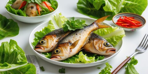 Vietnamese Grilled Fish Platter on Lettuce with Chili Slices and Fresh Herbs on White Dish and Vibrant Green Background.