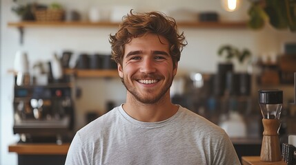 Young man smiling while making a contactless payment at a minimalist coffee shop, showcasing convenience, modern finance, and digital transactions.