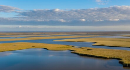 Vast Marshlands and Tranquil Waters Under Clear Blue Sky at Dutch Island in the Wadden Sea Region