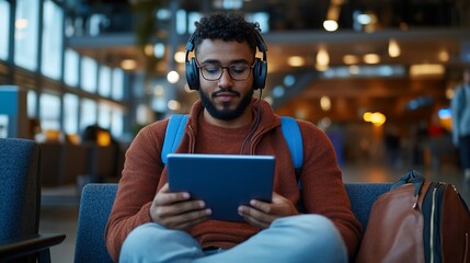 Modern Traveler, Young man relaxing with tablet and headphones at the airport