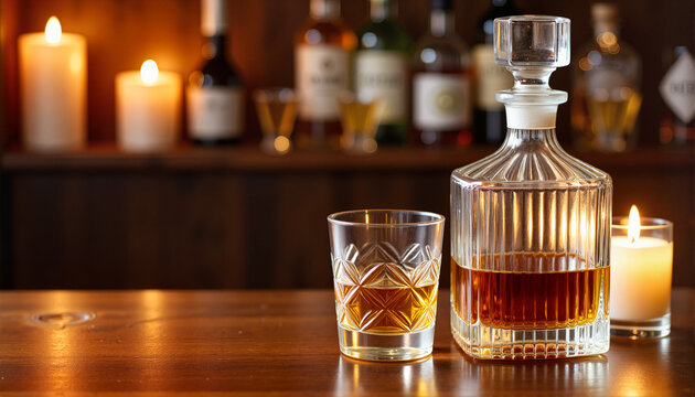 Whiskey decanter and glass on wooden bar with candlelight for blogs, websites, beverage-themed designs, event invitations, restaurant menus, and digital marketing materials