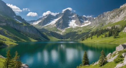 Fototapeta premium Scenic Landscape of a Serene Green Mountain Lake Surrounded by Majestic Peaks and Lush Greenery Under a Clear Blue Sky