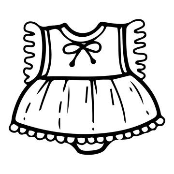 recommend clip art: Baby girl bodysuit dress. Hand drawn doodle. Blouse with skirt. Newborn wardrobe. Cotton fabric clothes for little child. Childhood. Vector line art illustration.