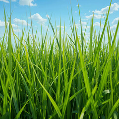 Fototapeta premium Vibrant fresh green grass stretching toward a clear blue sky, creating a refreshing, serene, and natural.