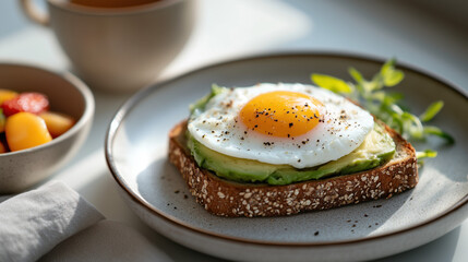 Healthy Breakfast Delight: A visually appealing close-up captures a delicious and healthy breakfast featuring a fried egg atop avocado toast on a stylish plate.