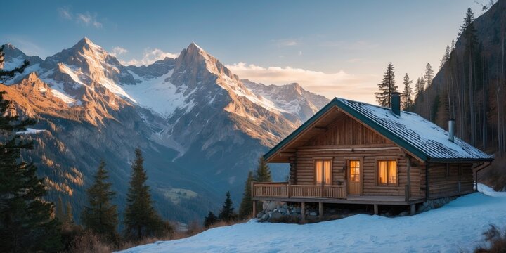 Scenic Mountain Cabin at Sunrise With Snowy Landscape and Clear Blue Sky Ideal for Travel and Nature Themes